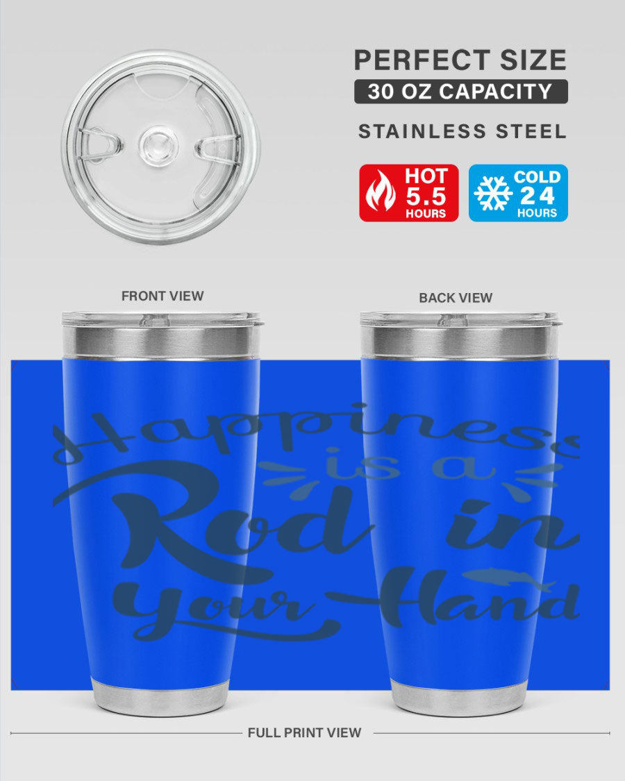Happiness is a Rod 123# Fishing Tumbler in stainless steel with a vibrant fishing-themed design, showcasing its double wall vacuum insulation.