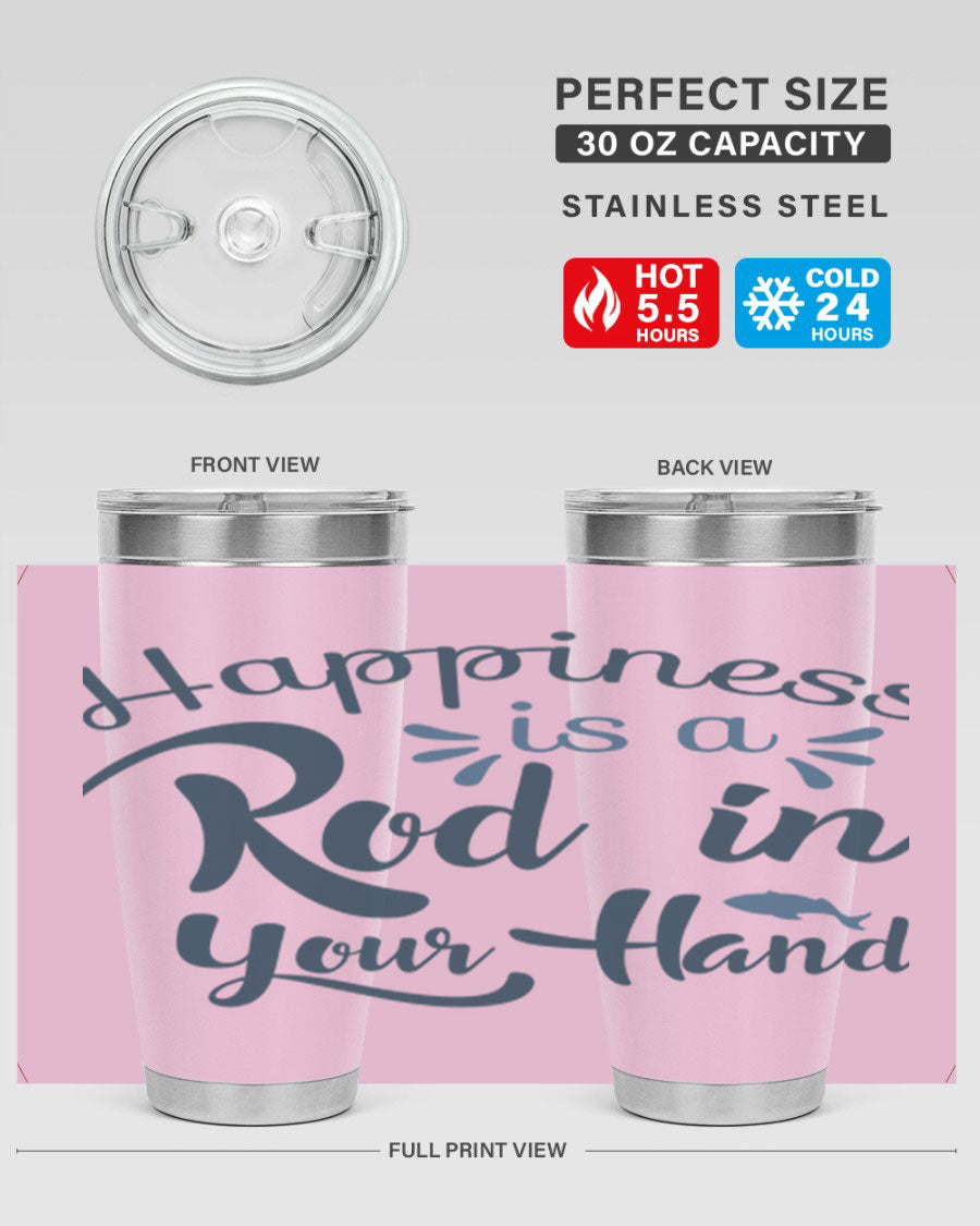 Happiness is a Rod 123# Fishing Tumbler in stainless steel with a vibrant fishing-themed design, showcasing its double wall vacuum insulation.