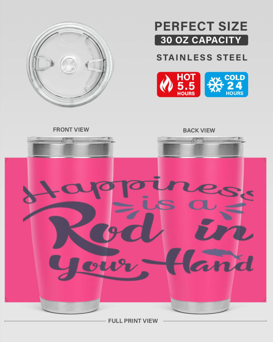 Happiness is a Rod 123# Fishing Tumbler in stainless steel with a vibrant fishing-themed design, showcasing its double wall vacuum insulation.