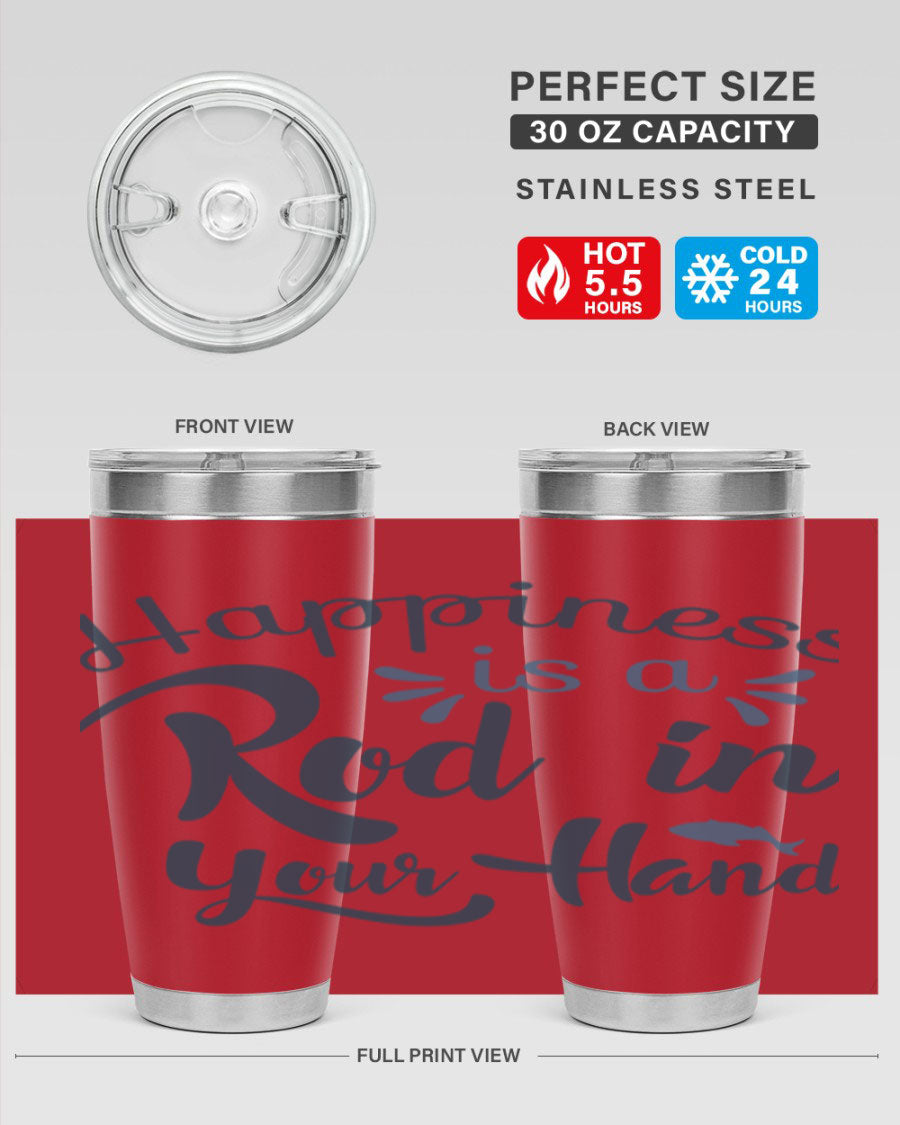 Happiness is a Rod 123# Fishing Tumbler in stainless steel with a vibrant fishing-themed design, showcasing its double wall vacuum insulation.