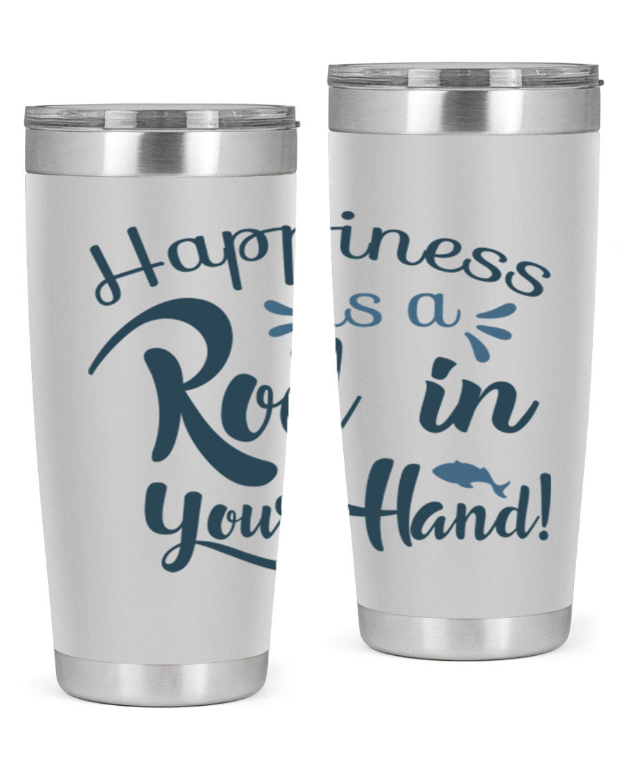 Happiness is a Rod 123# Fishing Tumbler in stainless steel with a vibrant fishing-themed design, showcasing its double wall vacuum insulation.