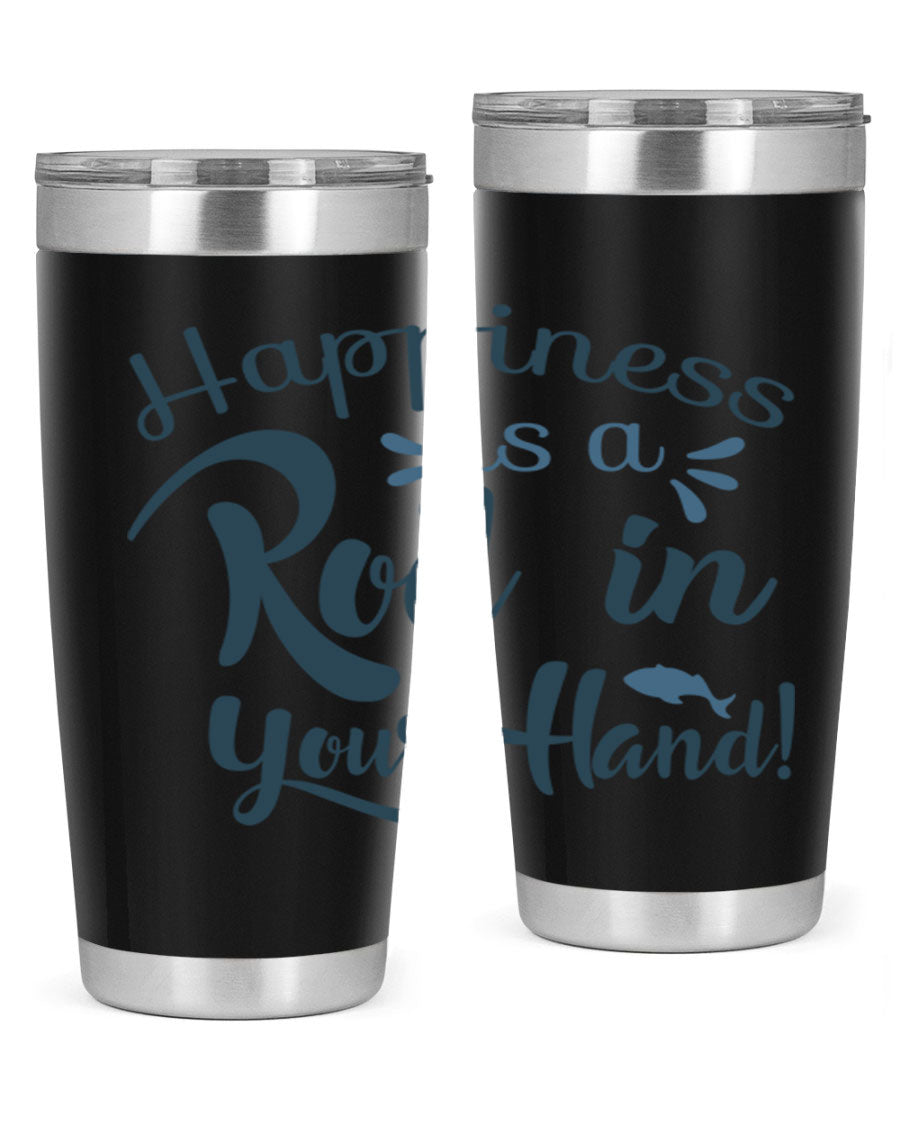 Happiness is a Rod 123# Fishing Tumbler in stainless steel with a vibrant fishing-themed design, showcasing its double wall vacuum insulation.