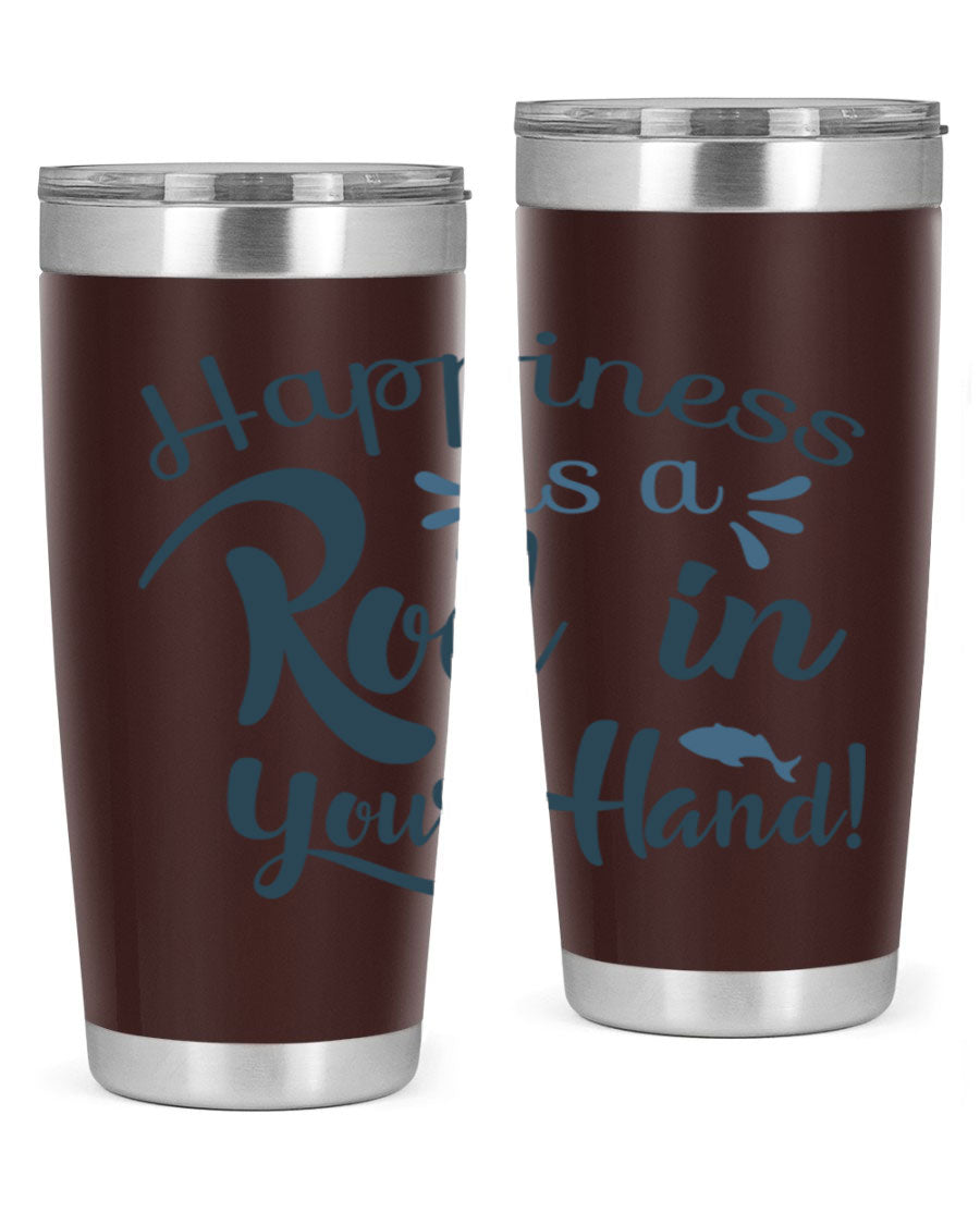 Happiness is a Rod 123# Fishing Tumbler in stainless steel with a vibrant fishing-themed design, showcasing its double wall vacuum insulation.