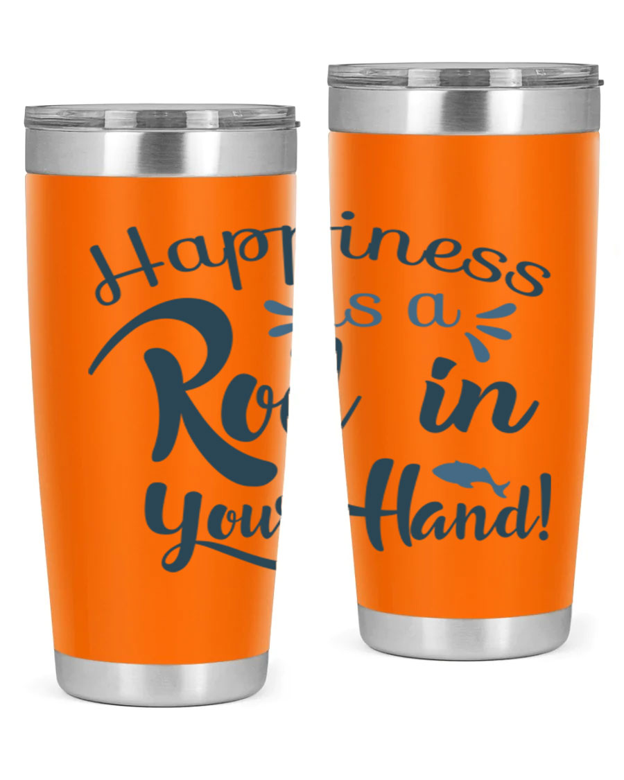 Happiness is a Rod 123# Fishing Tumbler in stainless steel with a vibrant fishing-themed design, showcasing its double wall vacuum insulation.
