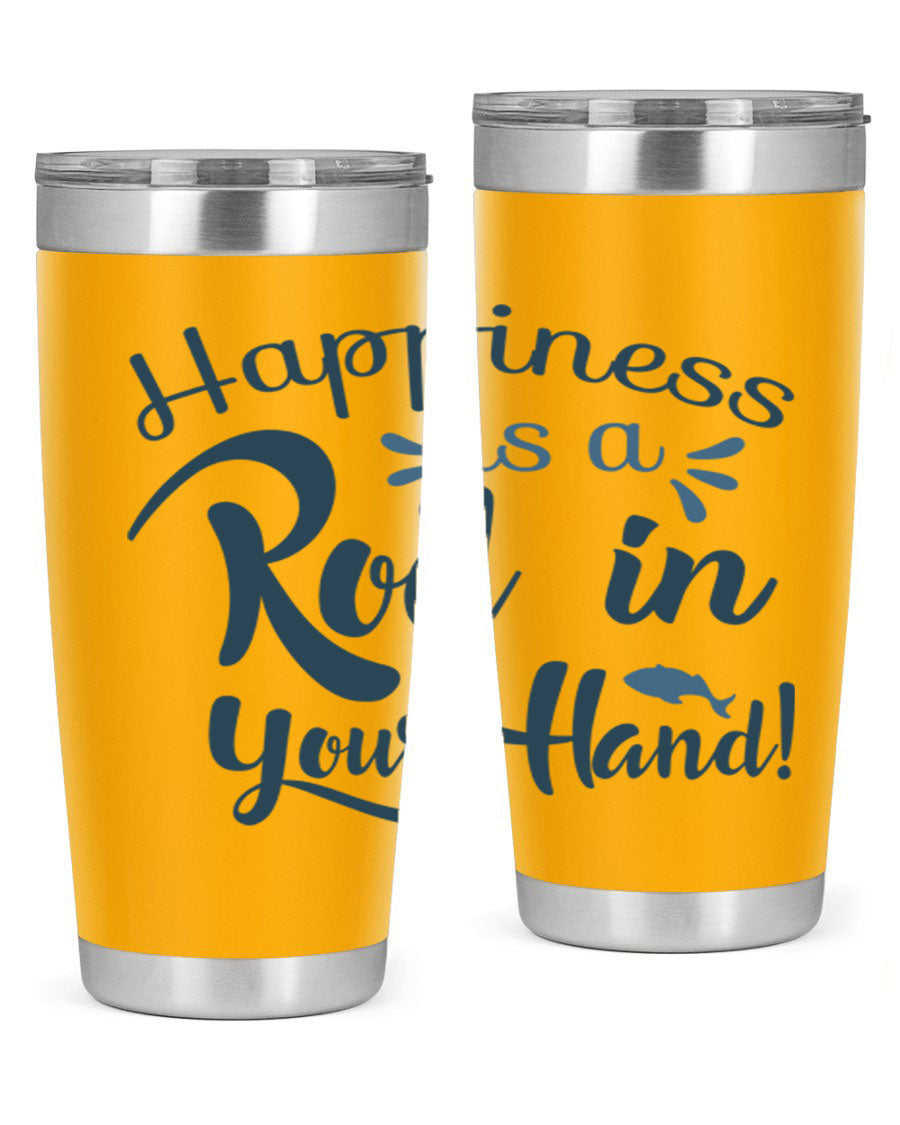 Happiness is a Rod 123# Fishing Tumbler in stainless steel with a vibrant fishing-themed design, showcasing its double wall vacuum insulation.