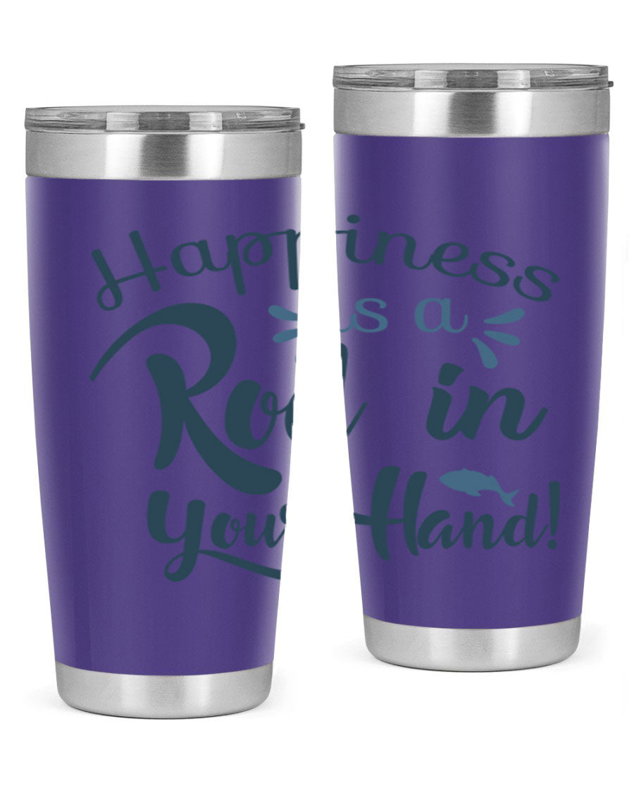 Happiness is a Rod 123# Fishing Tumbler in stainless steel with a vibrant fishing-themed design, showcasing its double wall vacuum insulation.