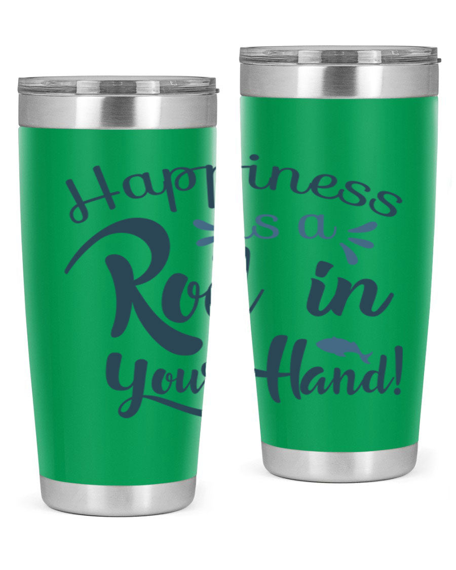Happiness is a Rod 123# Fishing Tumbler in stainless steel with a vibrant fishing-themed design, showcasing its double wall vacuum insulation.