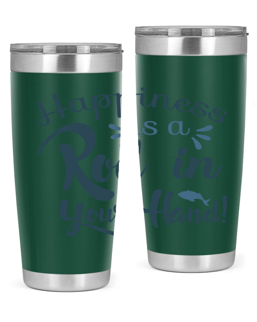 Happiness is a Rod 123# Fishing Tumbler in stainless steel with a vibrant fishing-themed design, showcasing its double wall vacuum insulation.