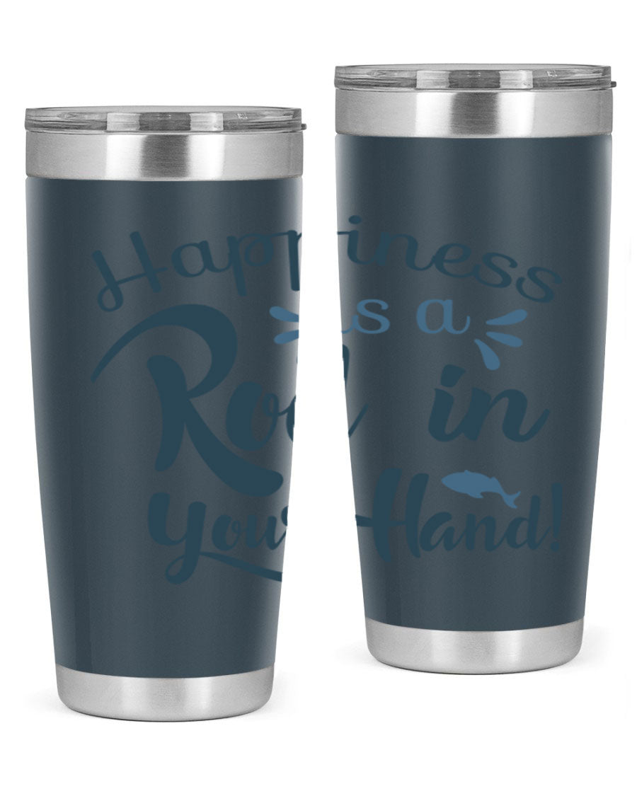 Happiness is a Rod 123# Fishing Tumbler in stainless steel with a vibrant fishing-themed design, showcasing its double wall vacuum insulation.