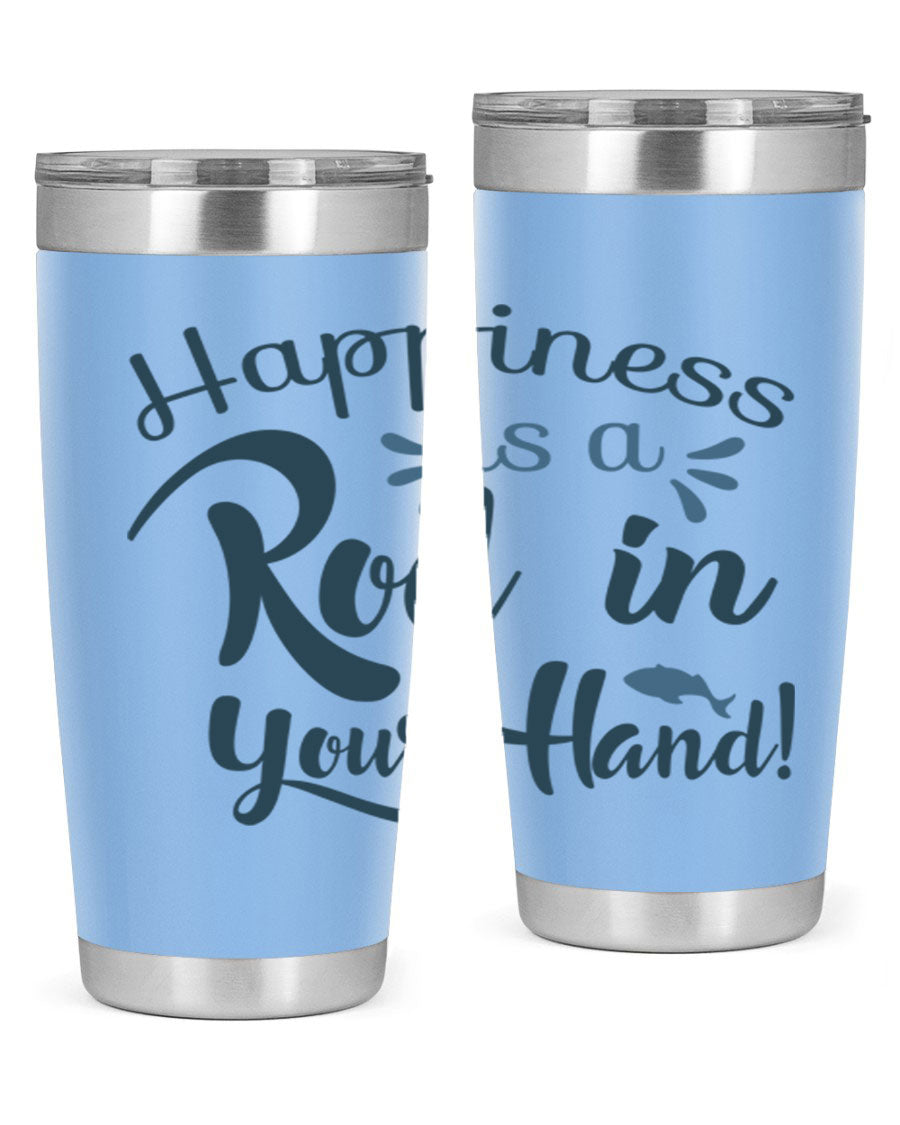 Happiness is a Rod 123# Fishing Tumbler in stainless steel with a vibrant fishing-themed design, showcasing its double wall vacuum insulation.