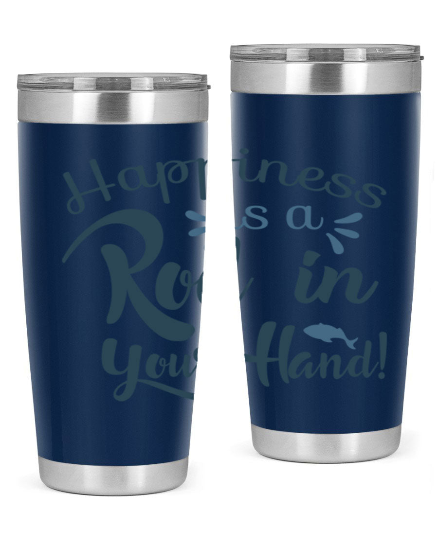 Happiness is a Rod 123# Fishing Tumbler in stainless steel with a vibrant fishing-themed design, showcasing its double wall vacuum insulation.