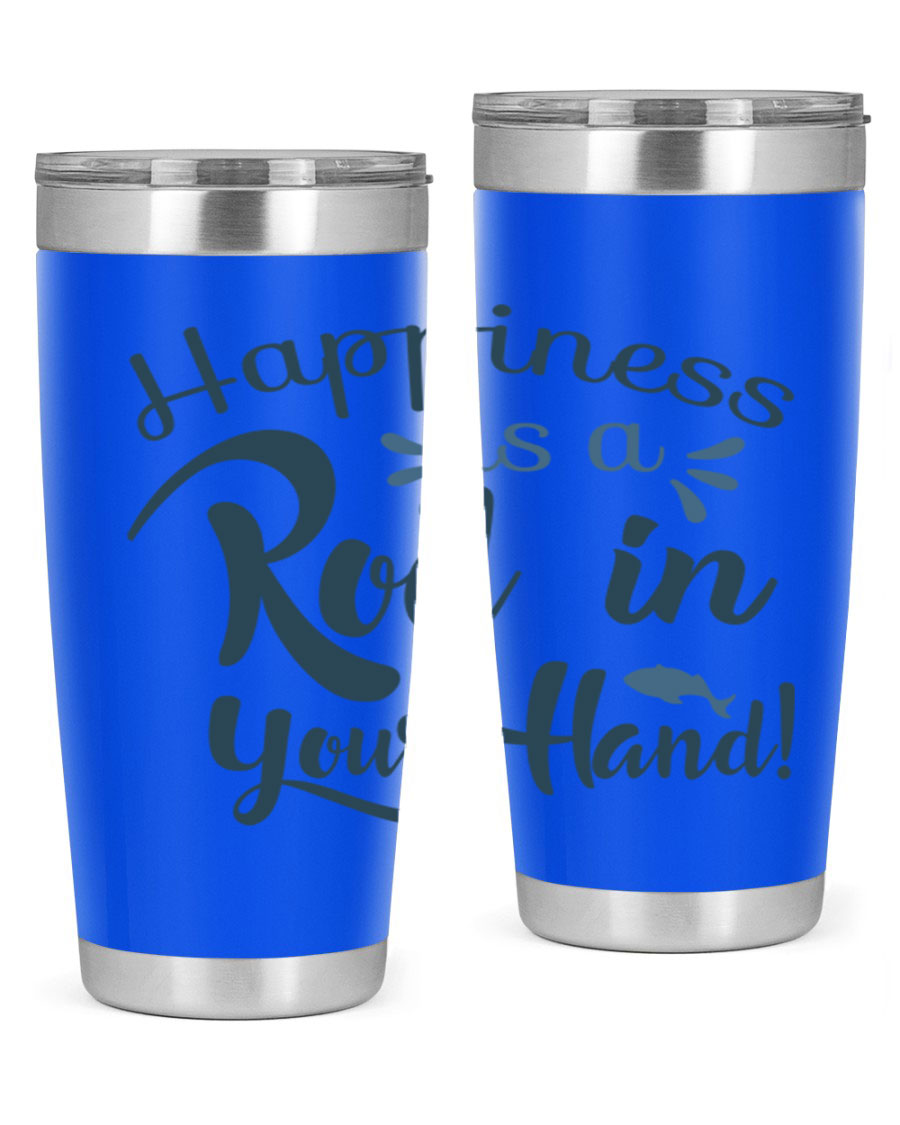 Happiness is a Rod 123# Fishing Tumbler in stainless steel with a vibrant fishing-themed design, showcasing its double wall vacuum insulation.