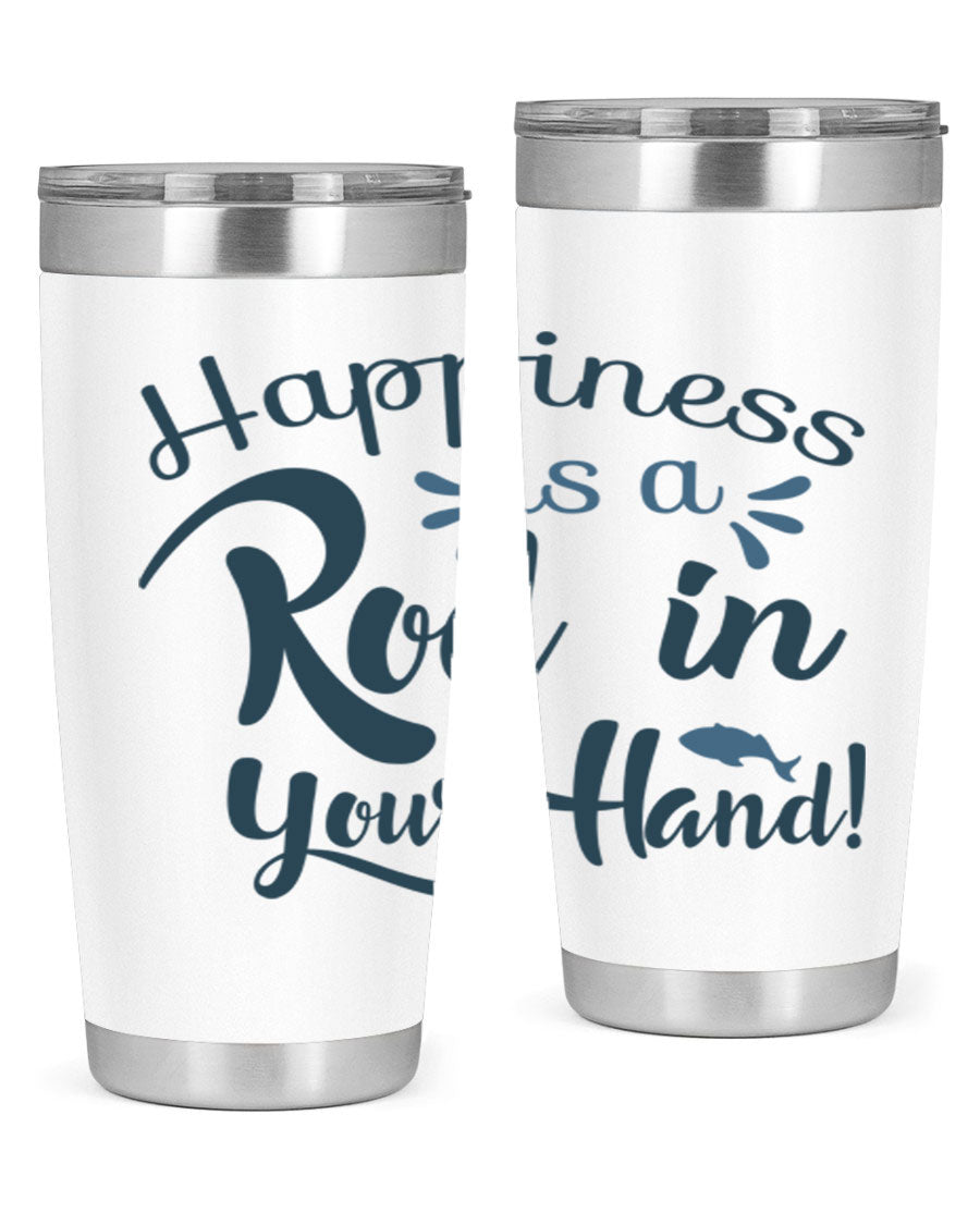 Happiness is a Rod 123# Fishing Tumbler in stainless steel with a vibrant fishing-themed design, showcasing its double wall vacuum insulation.