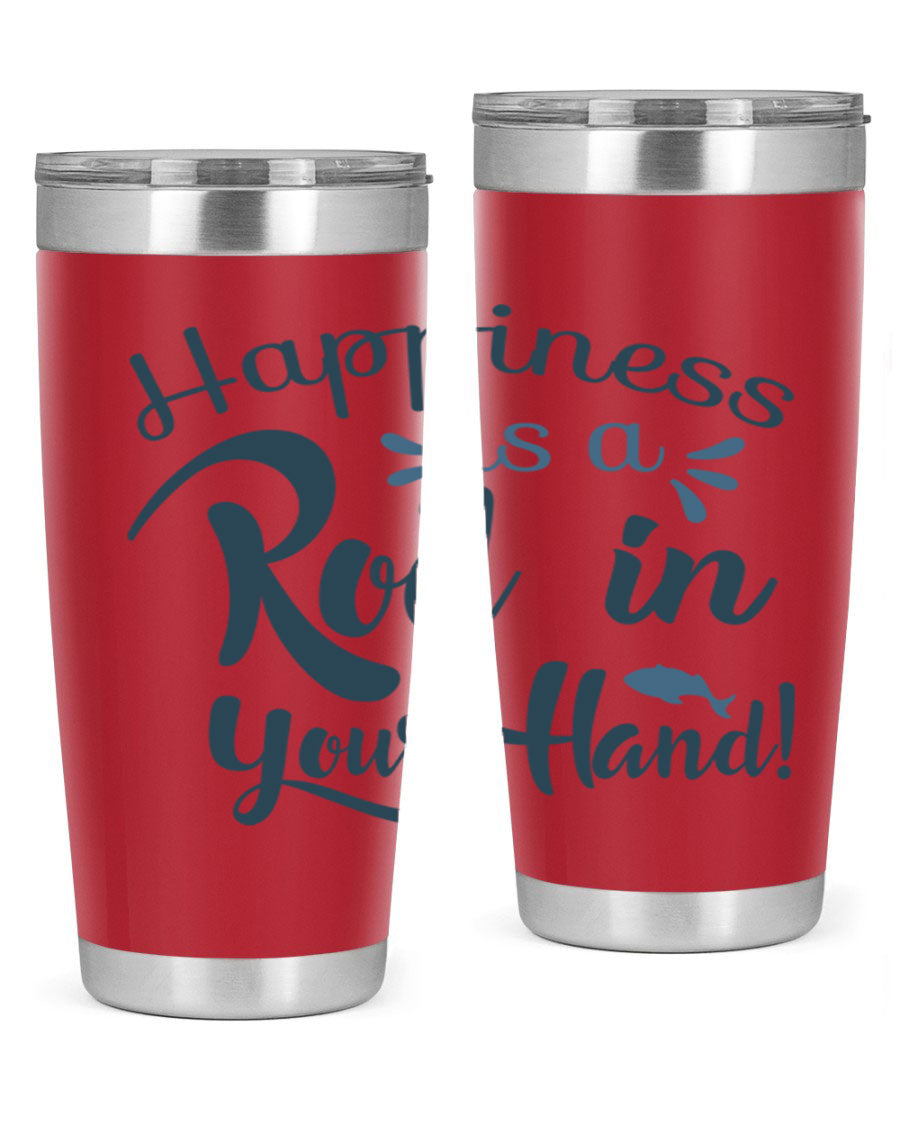Happiness is a Rod 123# Fishing Tumbler in stainless steel with a vibrant fishing-themed design, showcasing its double wall vacuum insulation.