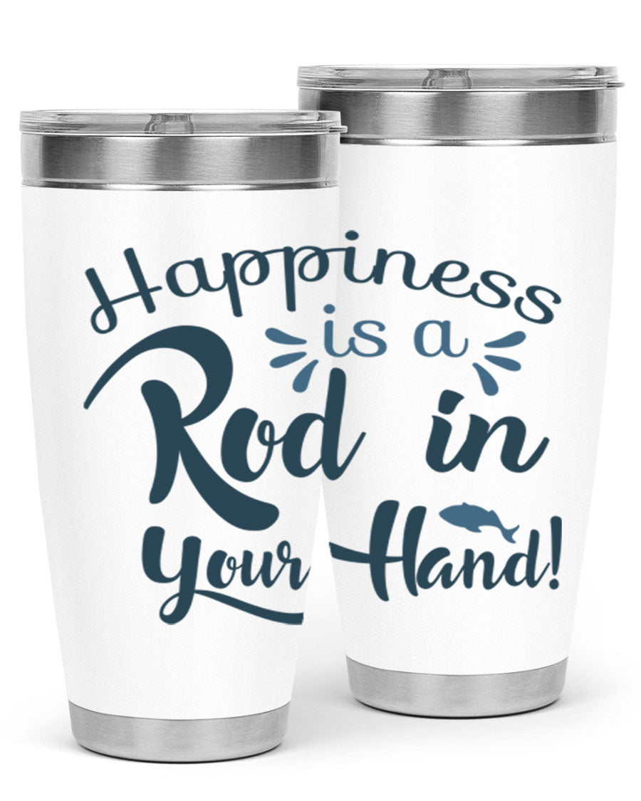 Happiness is a Rod 123# Fishing Tumbler in stainless steel with a vibrant fishing-themed design, showcasing its double wall vacuum insulation.