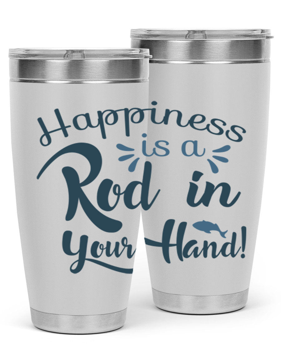Happiness is a Rod 123# Fishing Tumbler in stainless steel with a vibrant fishing-themed design, showcasing its double wall vacuum insulation.