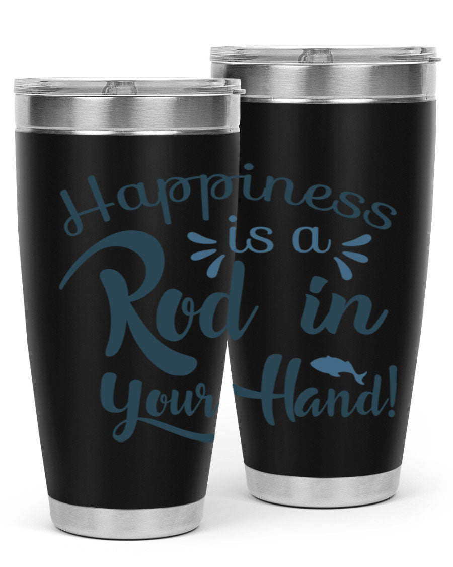 Happiness is a Rod 123# Fishing Tumbler in stainless steel with a vibrant fishing-themed design, showcasing its double wall vacuum insulation.