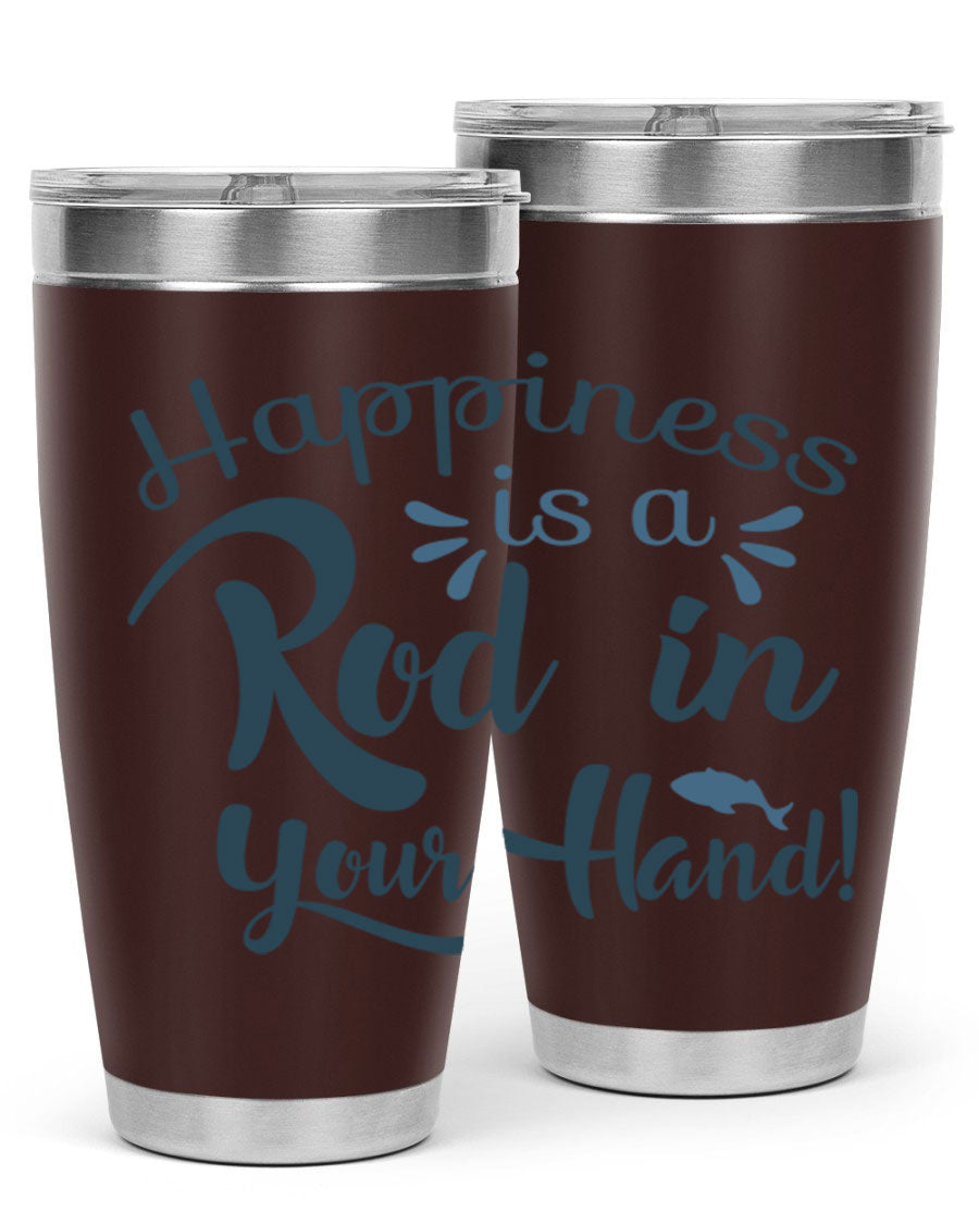 Happiness is a Rod 123# Fishing Tumbler in stainless steel with a vibrant fishing-themed design, showcasing its double wall vacuum insulation.