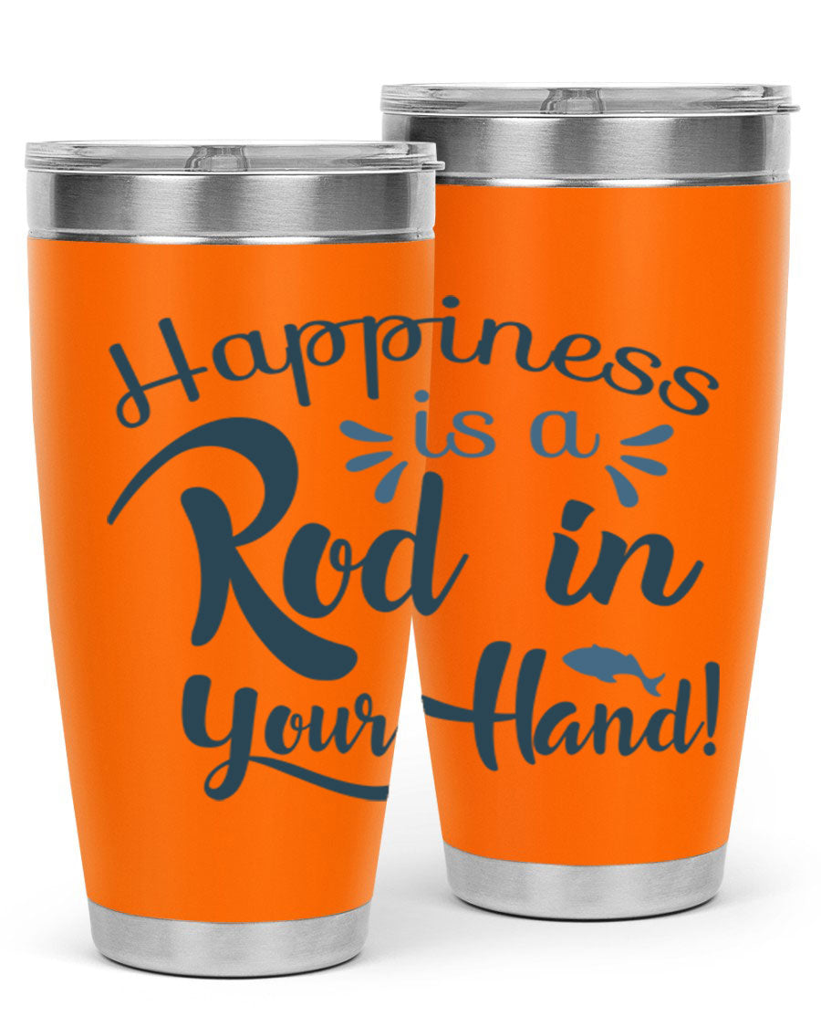 Happiness is a Rod 123# Fishing Tumbler in stainless steel with a vibrant fishing-themed design, showcasing its double wall vacuum insulation.