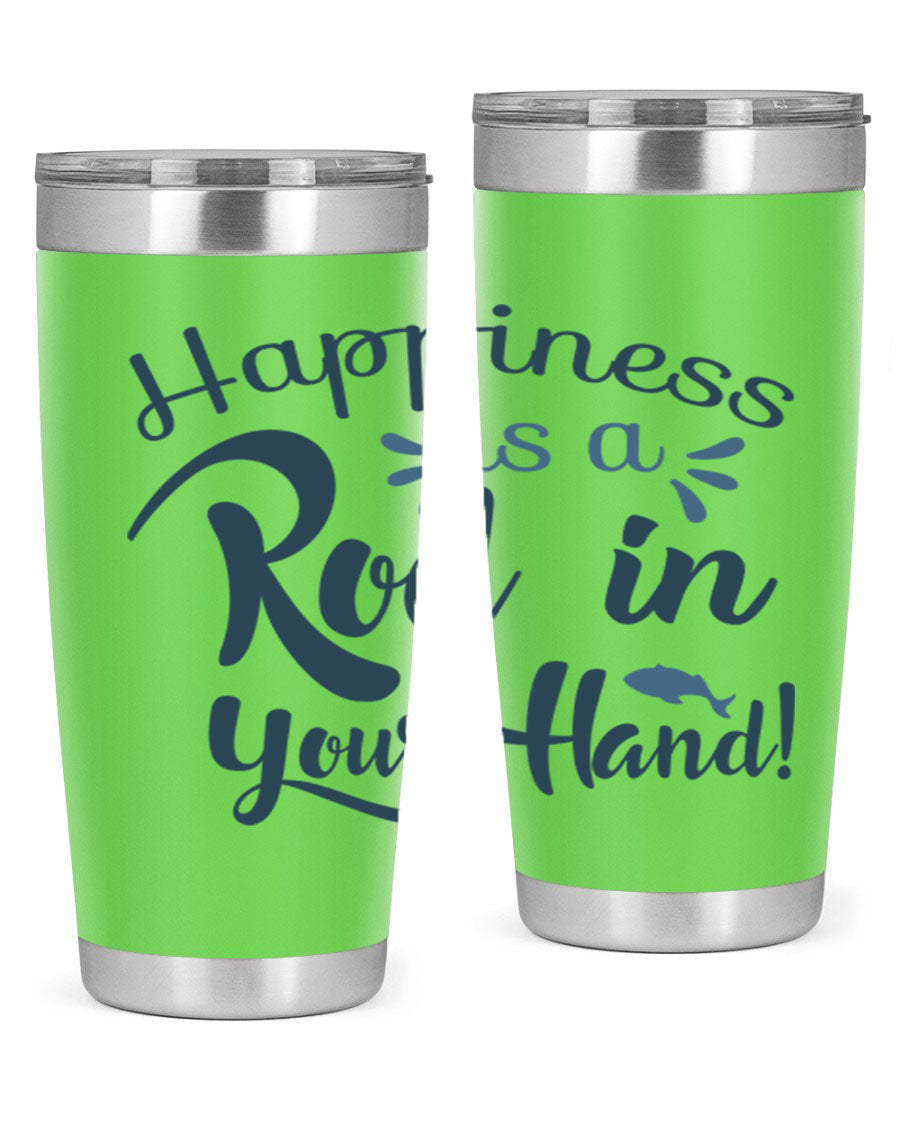 Happiness is a Rod 123# Fishing Tumbler in stainless steel with a vibrant fishing-themed design, showcasing its double wall vacuum insulation.