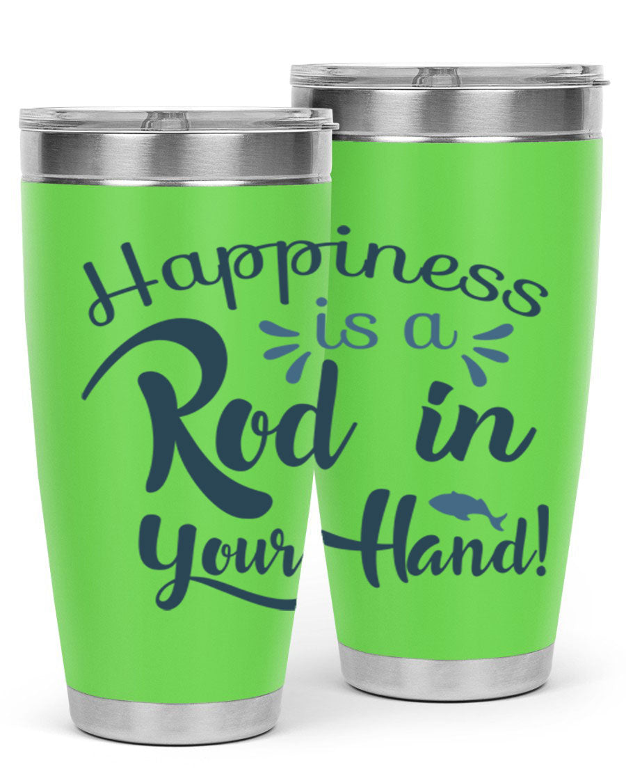 Happiness is a Rod 123# Fishing Tumbler in stainless steel with a vibrant fishing-themed design, showcasing its double wall vacuum insulation.