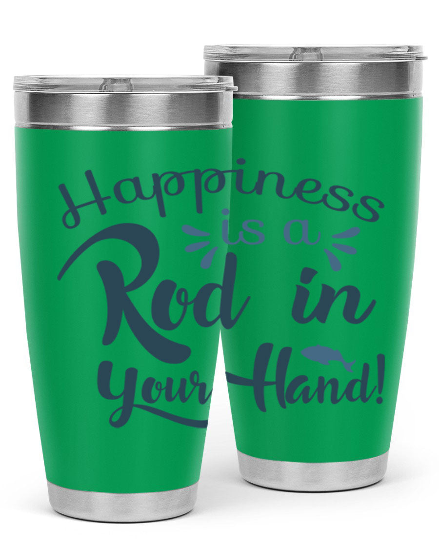 Happiness is a Rod 123# Fishing Tumbler in stainless steel with a vibrant fishing-themed design, showcasing its double wall vacuum insulation.