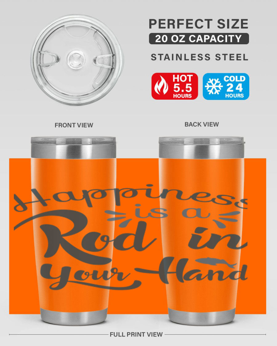 Happiness is a Rod 123# Fishing Tumbler in stainless steel with a vibrant fishing-themed design, showcasing its double wall vacuum insulation.