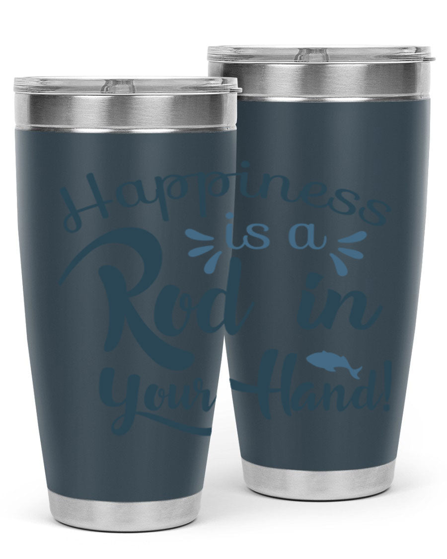 Happiness is a Rod 123# Fishing Tumbler in stainless steel with a vibrant fishing-themed design, showcasing its double wall vacuum insulation.