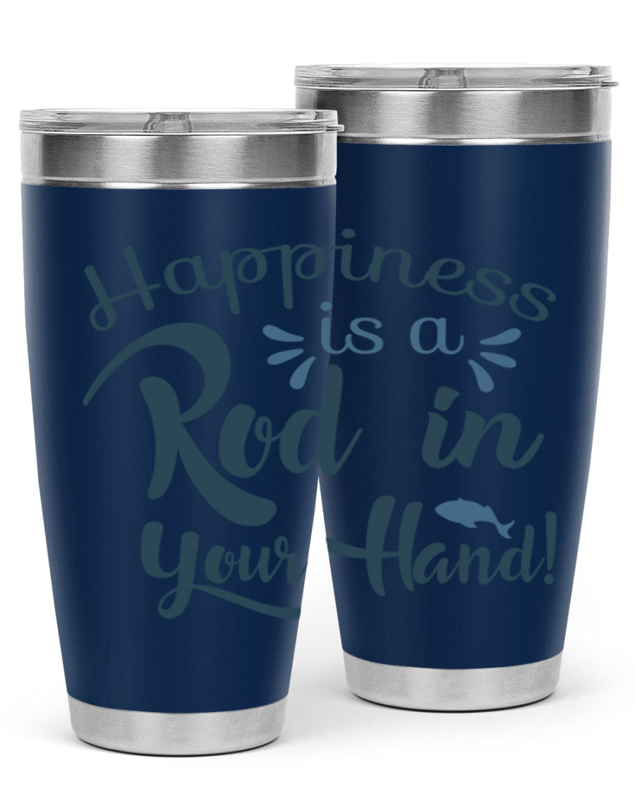 Happiness is a Rod 123# Fishing Tumbler in stainless steel with a vibrant fishing-themed design, showcasing its double wall vacuum insulation.