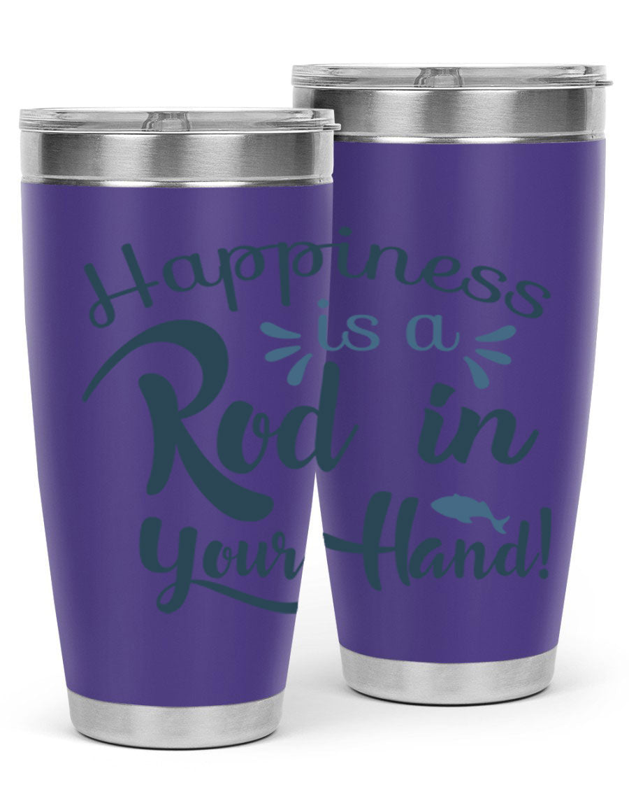 Happiness is a Rod 123# Fishing Tumbler in stainless steel with a vibrant fishing-themed design, showcasing its double wall vacuum insulation.