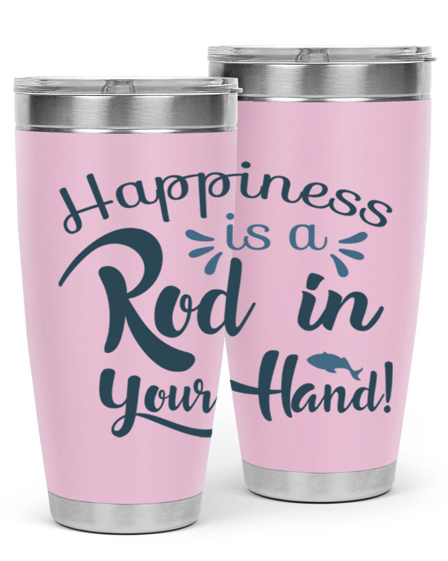 Happiness is a Rod 123# Fishing Tumbler in stainless steel with a vibrant fishing-themed design, showcasing its double wall vacuum insulation.