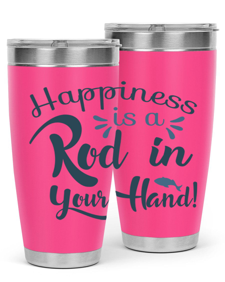 Happiness is a Rod 123# Fishing Tumbler in stainless steel with a vibrant fishing-themed design, showcasing its double wall vacuum insulation.