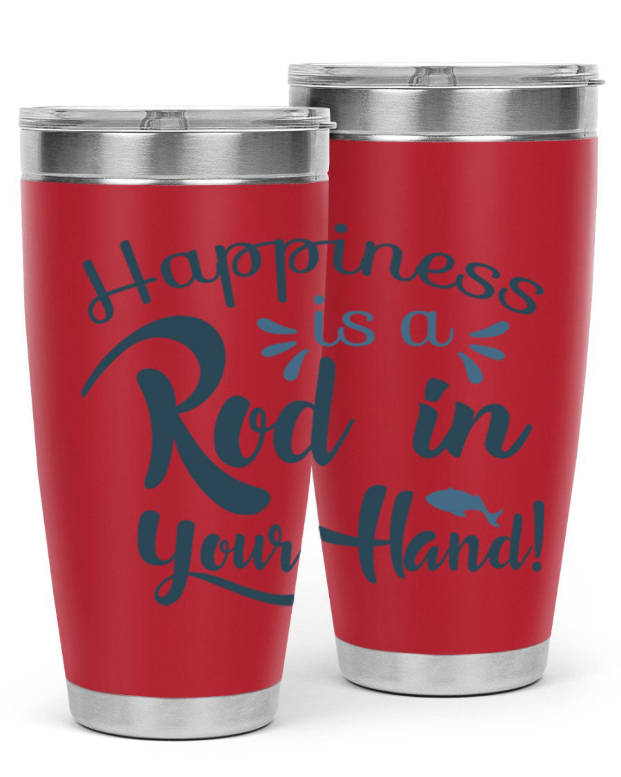 Happiness is a Rod 123# Fishing Tumbler in stainless steel with a vibrant fishing-themed design, showcasing its double wall vacuum insulation.