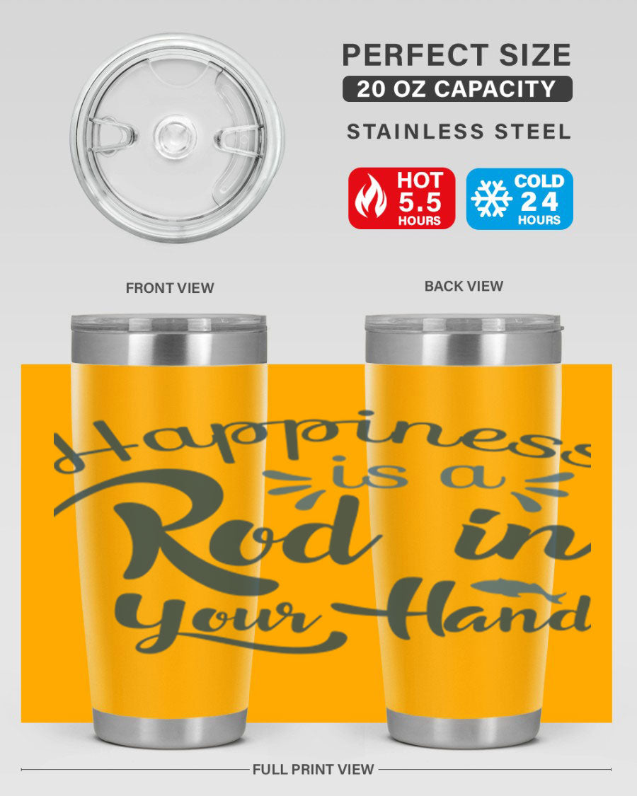Happiness is a Rod 123# Fishing Tumbler in stainless steel with a vibrant fishing-themed design, showcasing its double wall vacuum insulation.