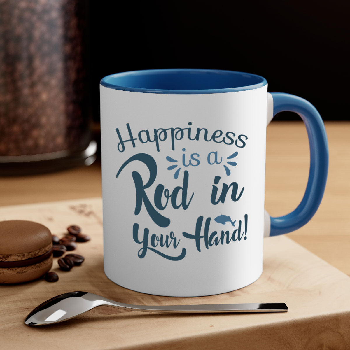 Happiness is a Rod 123# Fishing Mug with a glossy finish and colorful handle, perfect for coffee and tea lovers.
