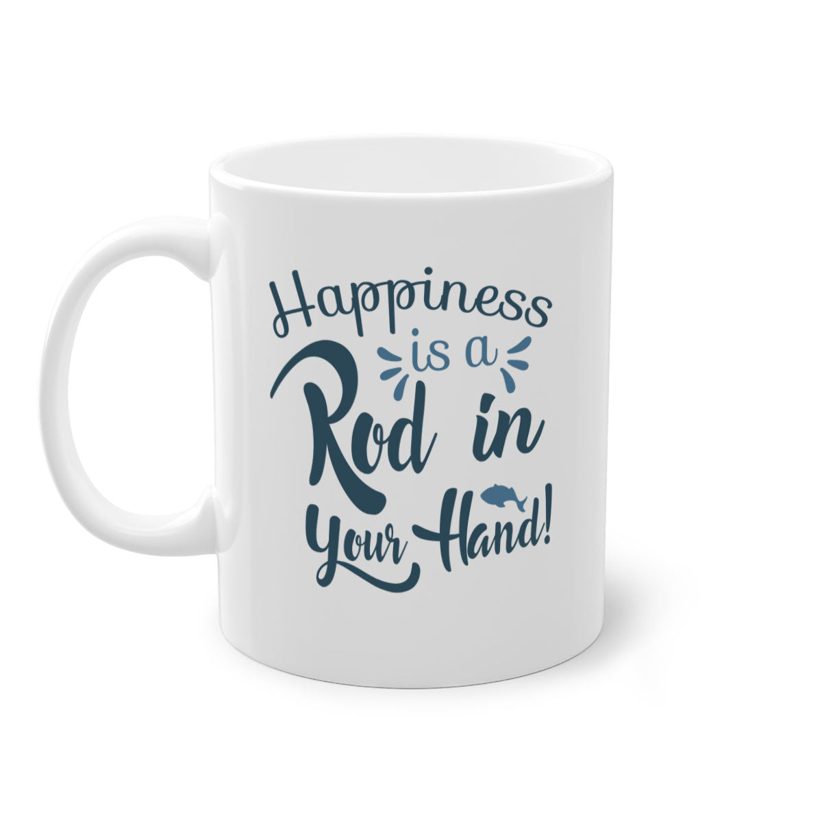Happiness is a Rod 123# Fishing Mug with a glossy finish and colorful handle, perfect for coffee and tea lovers.
