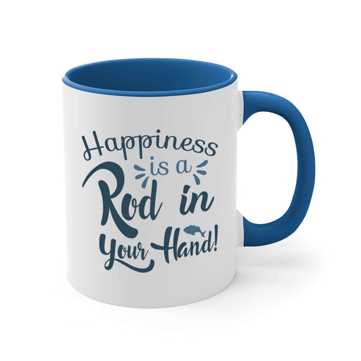 Happiness is a Rod 123# Fishing Mug with a glossy finish and colorful handle, perfect for coffee and tea lovers.