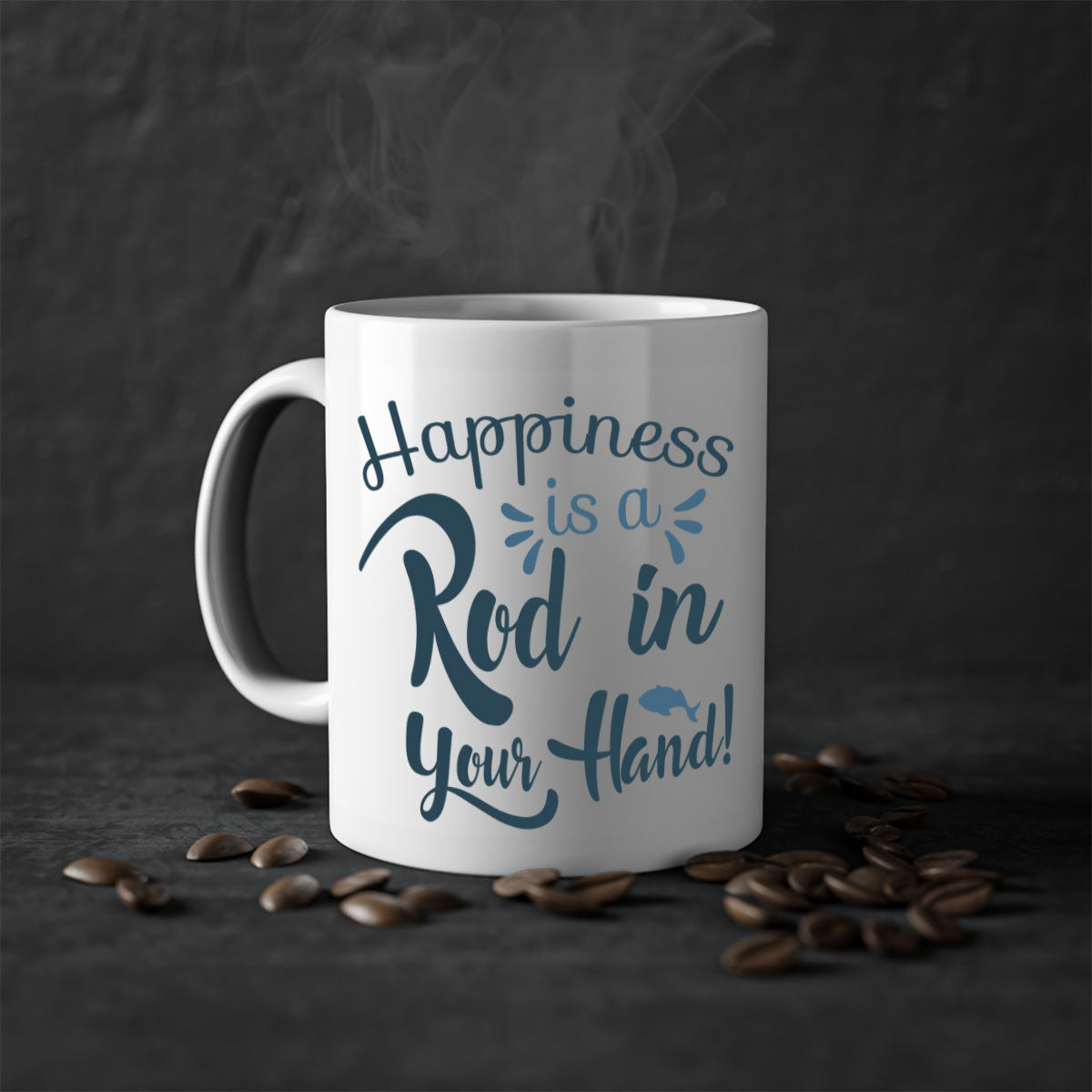 Happiness is a Rod 123# Fishing Mug with a glossy finish and colorful handle, perfect for coffee and tea lovers.