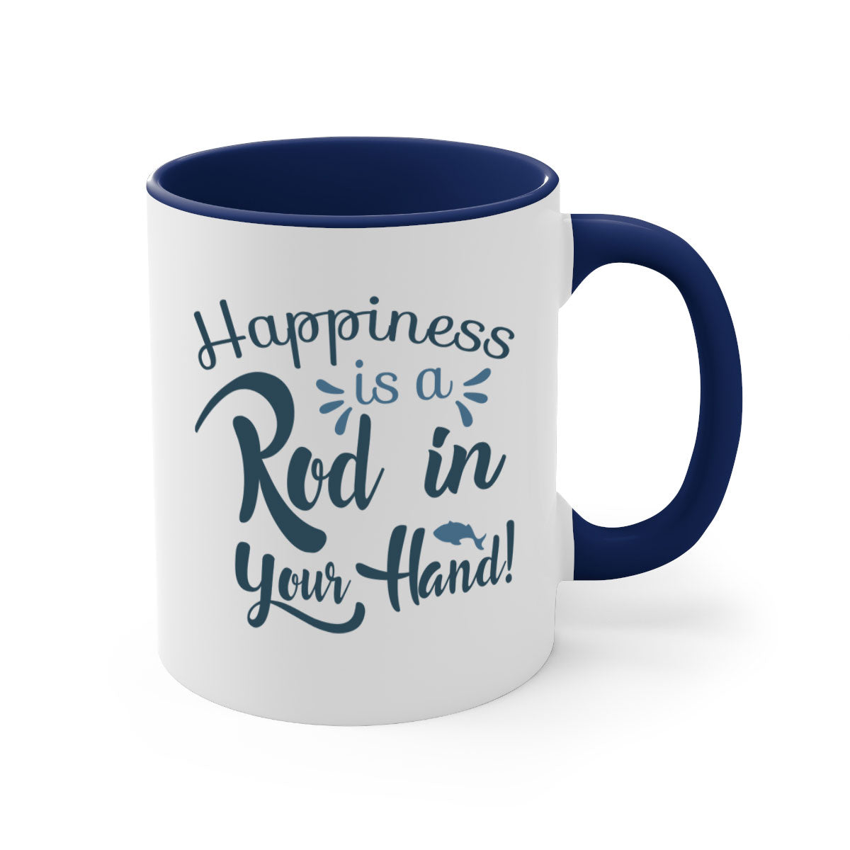 Happiness is a Rod 123# Fishing Mug with a glossy finish and colorful handle, perfect for coffee and tea lovers.