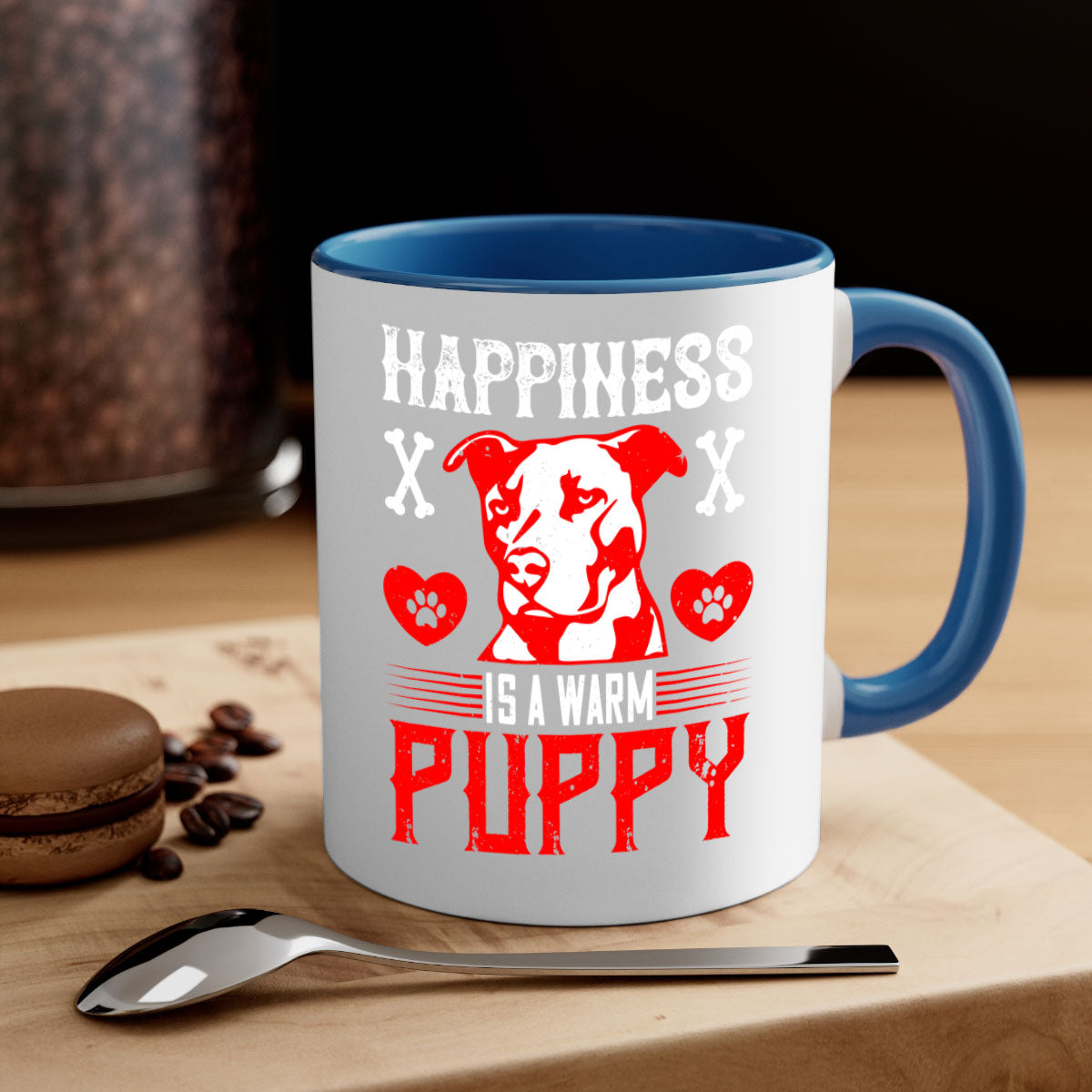 Happiness is a warm puppy Style 201# Dog Mug featuring a glossy finish, colored handle, and interior in five vibrant colors.