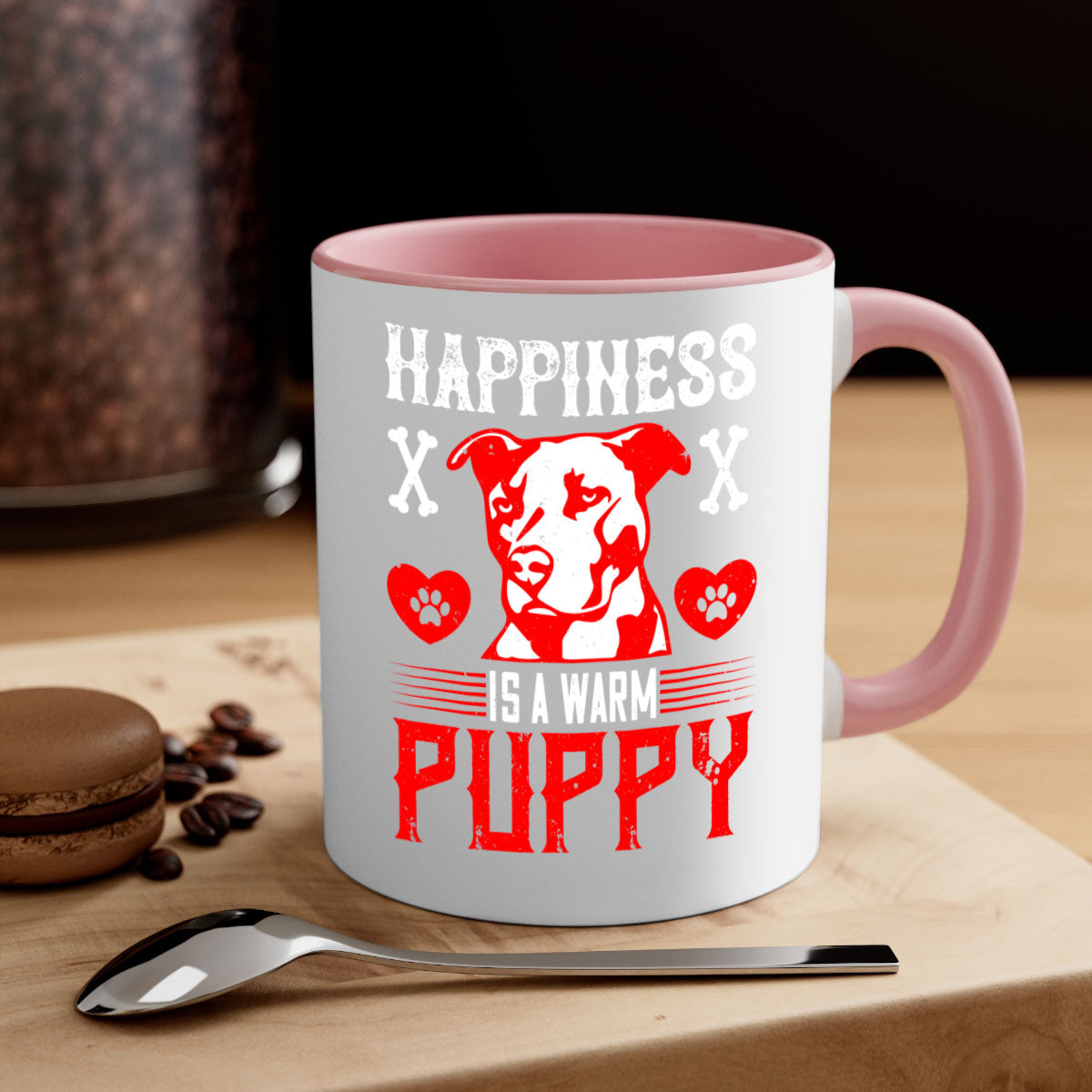 Happiness is a warm puppy Style 201# Dog Mug featuring a glossy finish, colored handle, and interior in five vibrant colors.