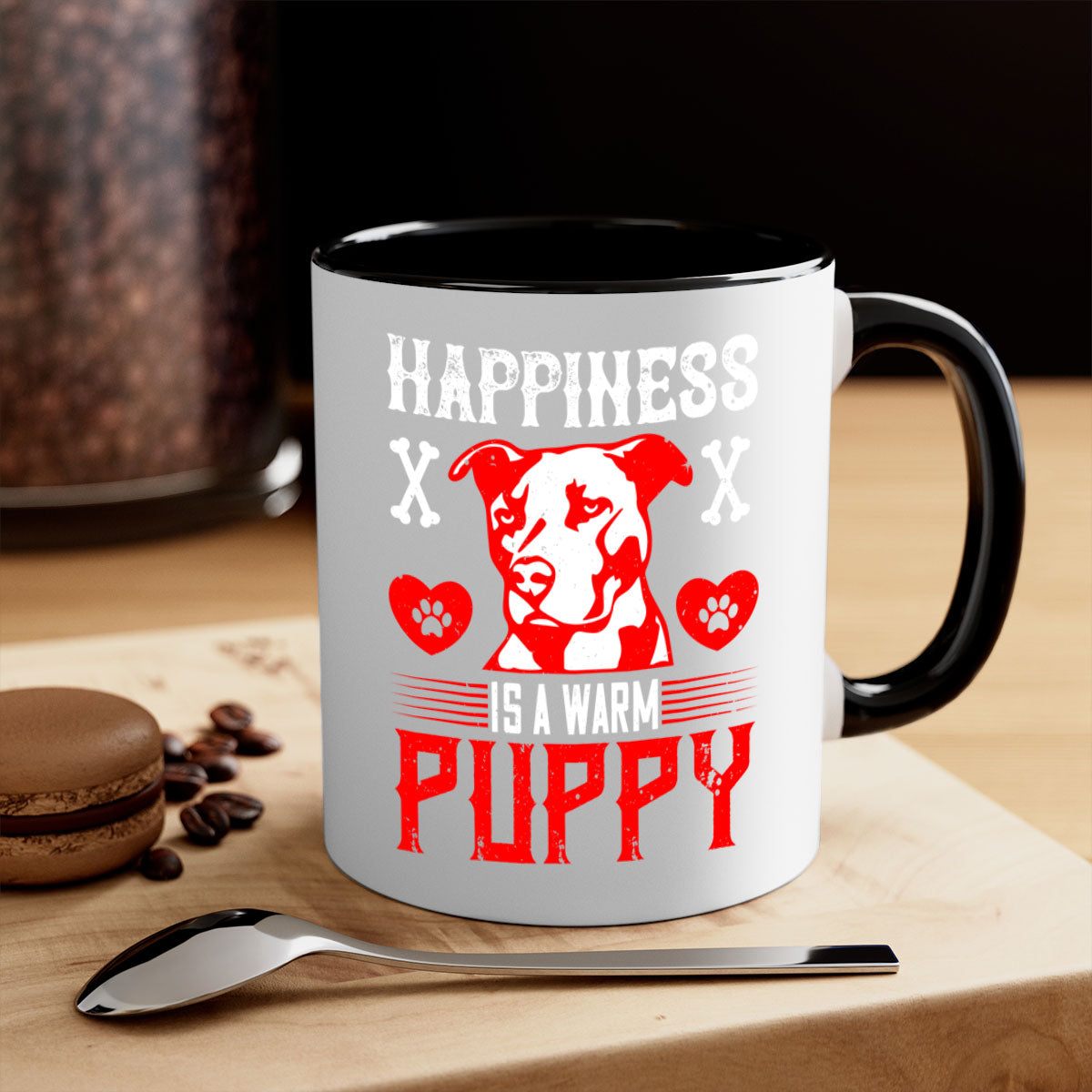 Happiness is a warm puppy Style 201# Dog Mug featuring a glossy finish, colored handle, and interior in five vibrant colors.