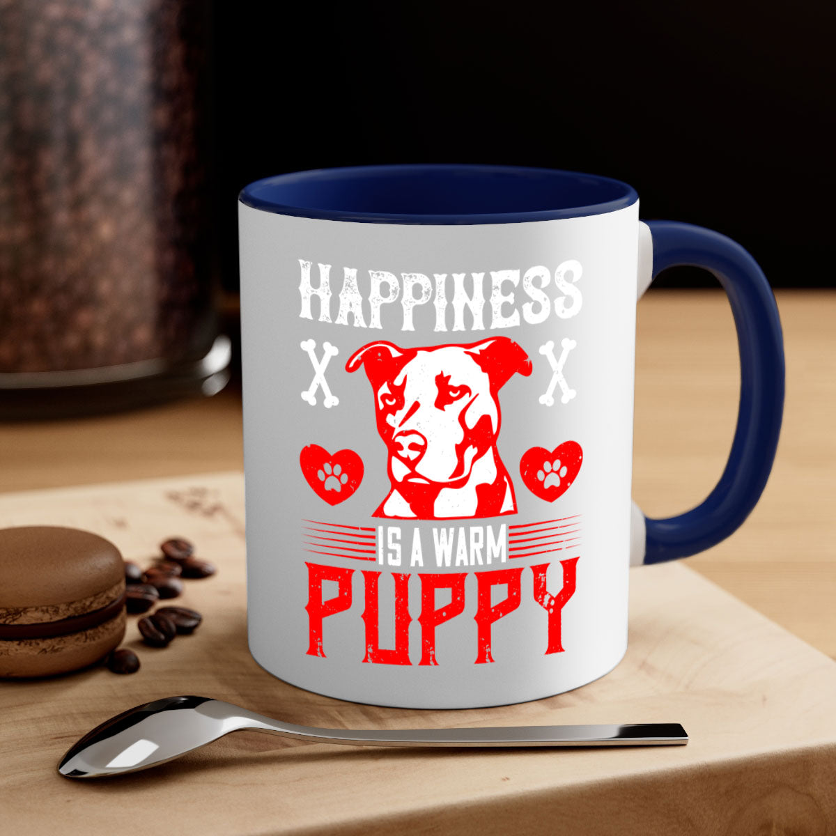 Happiness is a warm puppy Style 201# Dog Mug featuring a glossy finish, colored handle, and interior in five vibrant colors.