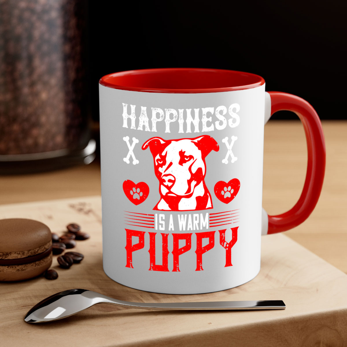 Happiness is a warm puppy Style 201# Dog Mug featuring a glossy finish, colored handle, and interior in five vibrant colors.
