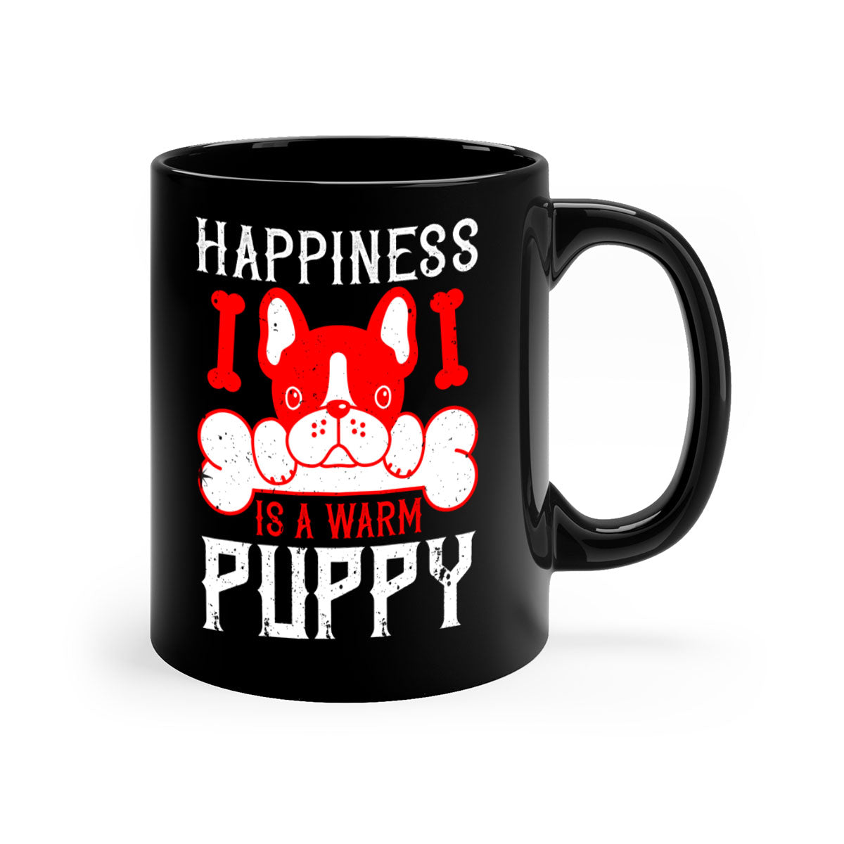 Happiness is a warm puppy Style 203# Dog Mug featuring a glossy finish, colorful handle, and interior, available in multiple colors.
