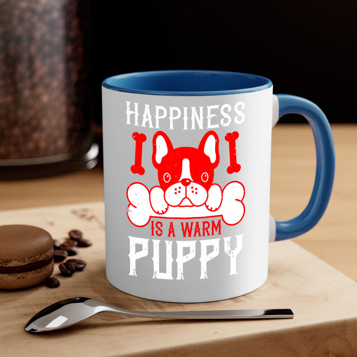 Happiness is a warm puppy Style 203# Dog Mug featuring a glossy finish, colorful handle, and interior, available in multiple colors.
