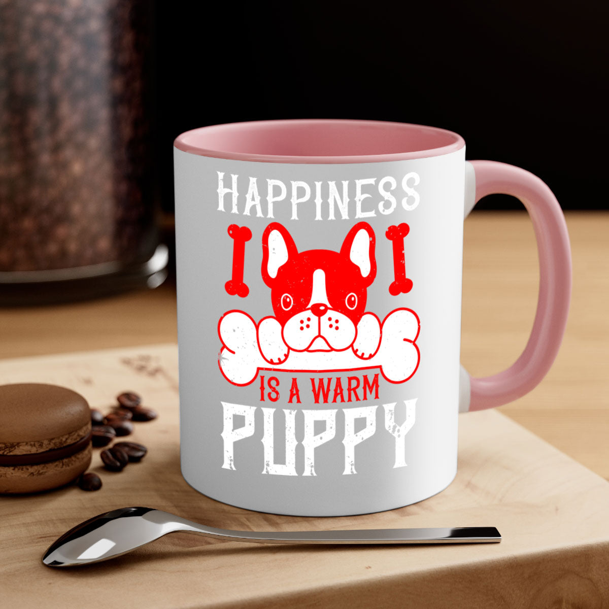 Happiness is a warm puppy Style 203# Dog Mug featuring a glossy finish, colorful handle, and interior, available in multiple colors.