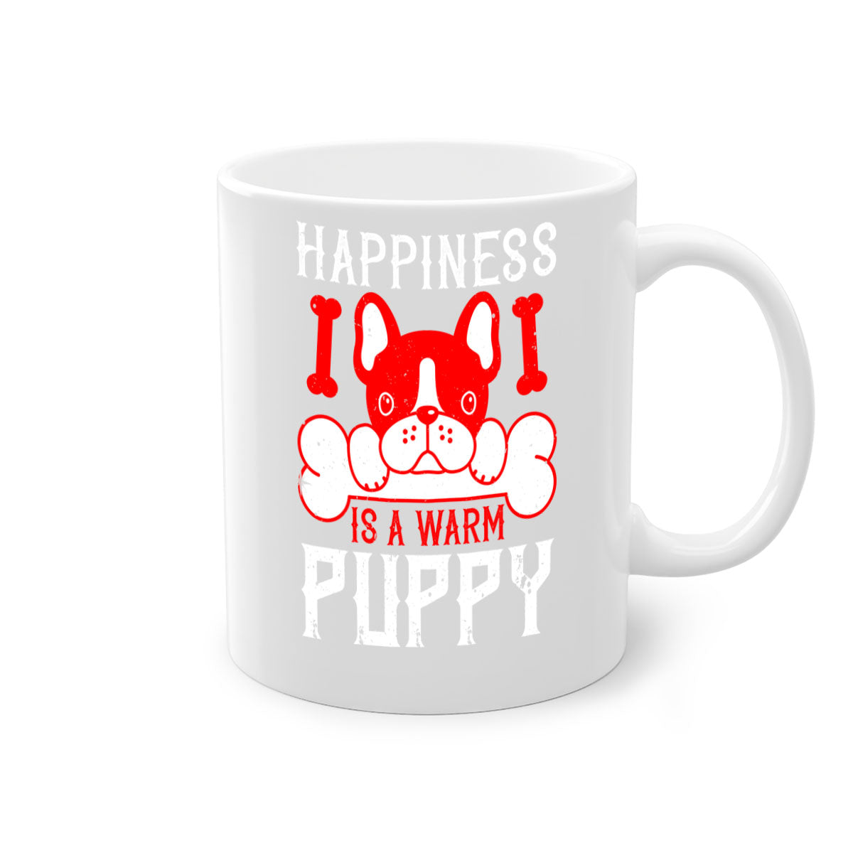 Happiness is a warm puppy Style 203# Dog Mug featuring a glossy finish, colorful handle, and interior, available in multiple colors.
