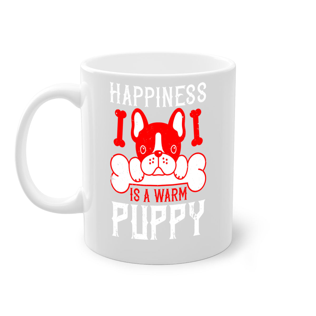Happiness is a warm puppy Style 203# Dog Mug featuring a glossy finish, colorful handle, and interior, available in multiple colors.