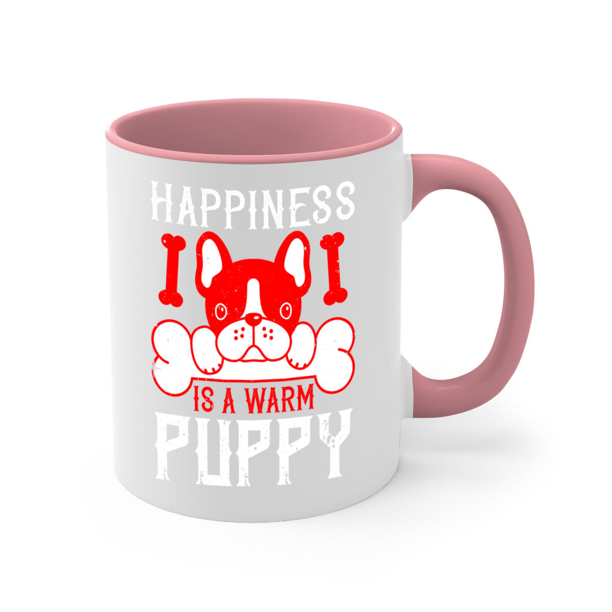 Happiness is a warm puppy Style 203# Dog Mug featuring a glossy finish, colorful handle, and interior, available in multiple colors.